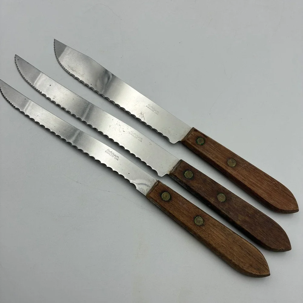 Robinson Stainless USA Knives Set Lot of 3 Vintage Wood Handle Serrated